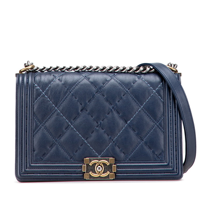 シャネル ボーイシャネル ワイルドステッチ チェーン ショルダーバッグ ネイビー カーフスキン レディース CHANEL 【中古】