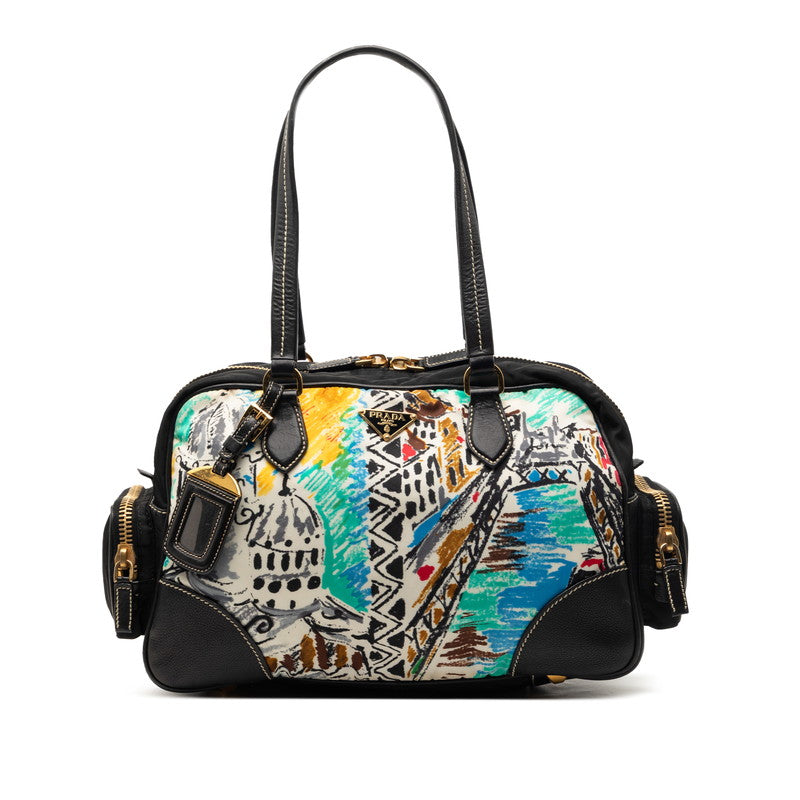 プラダ 三角ロゴプレート ベネチア ハンドバッグ ブラック マルチカラー ナイロン レザー レディース PRADA 【中古】