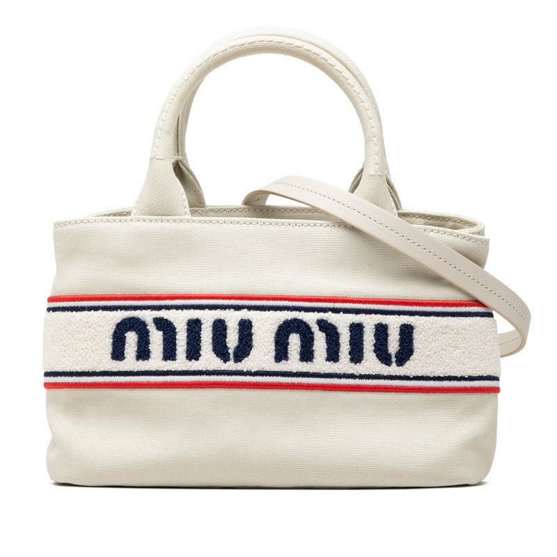 ミュウミュウ ロゴ ハンドバッグ ショルダーバッグ 2WAY ホワイト ブルー レッド キャンバス レディース MIUMIU 【中古】