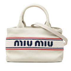 ミュウミュウ ロゴ ハンドバッグ ショルダーバッグ 2WAY ホワイト ブルー レッド キャンバス レディース MIUMIU 【中古】