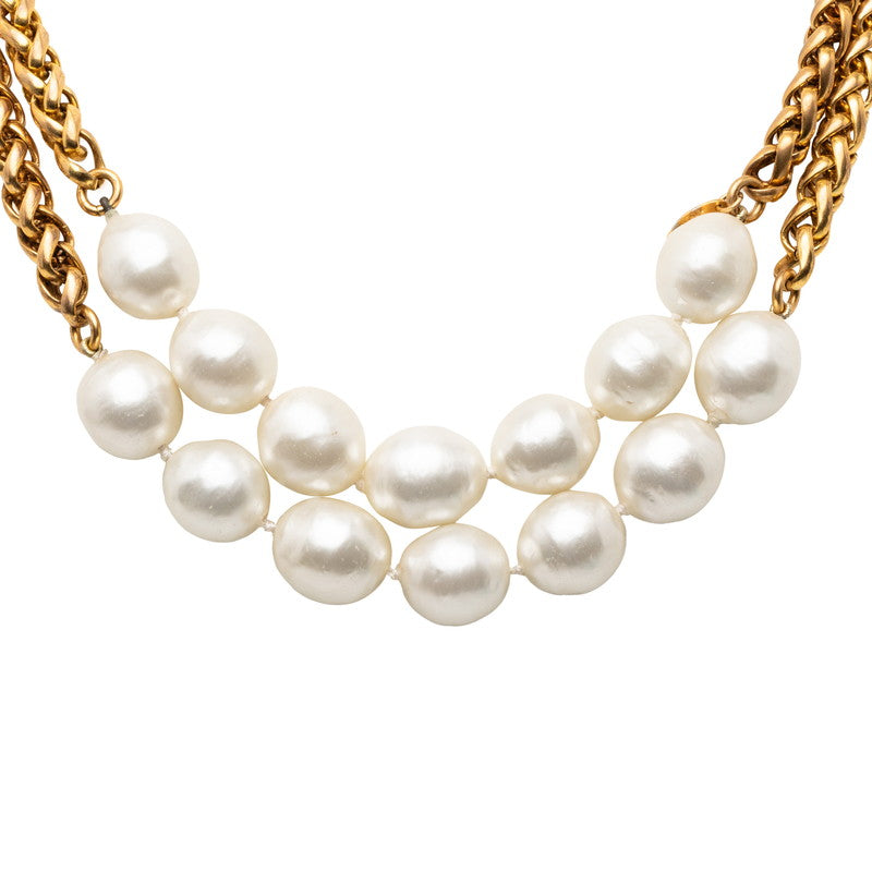 シャネル ヴィンテージ バロックパール チェーン ロング ネックレス ゴールド ホワイト メッキ フェイクパール レディース CHANEL 【中古】