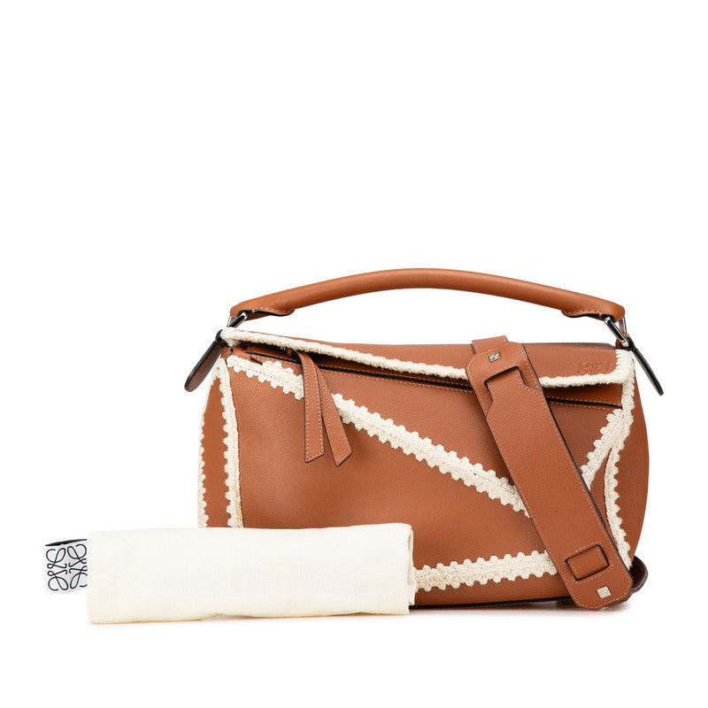 ロエベ パズルバッグ ミディアム ハンドバッグ ショルダーバッグ 2WAY ブラウン ホワイト レザー レディース LOEWE 【中古】