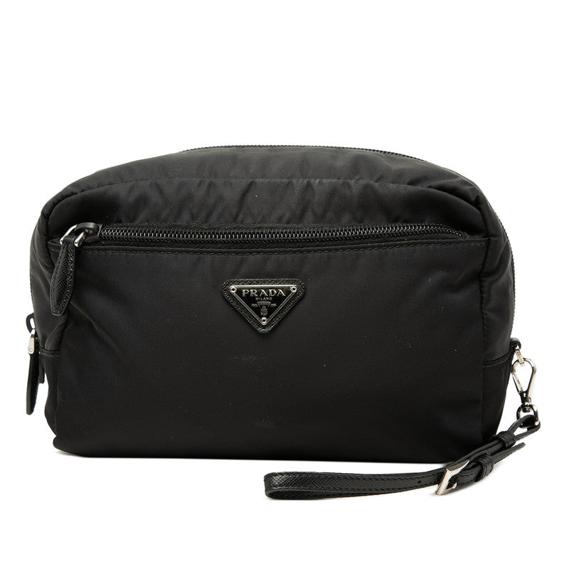 プラダ 三角ロゴプレート ポーチ 1NE393 ブラック ナイロン レザー レディース PRADA 【中古】