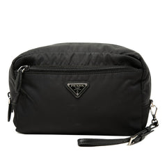 プラダ 三角ロゴプレート ポーチ 1NE393 ブラック ナイロン レザー レディース PRADA 【中古】