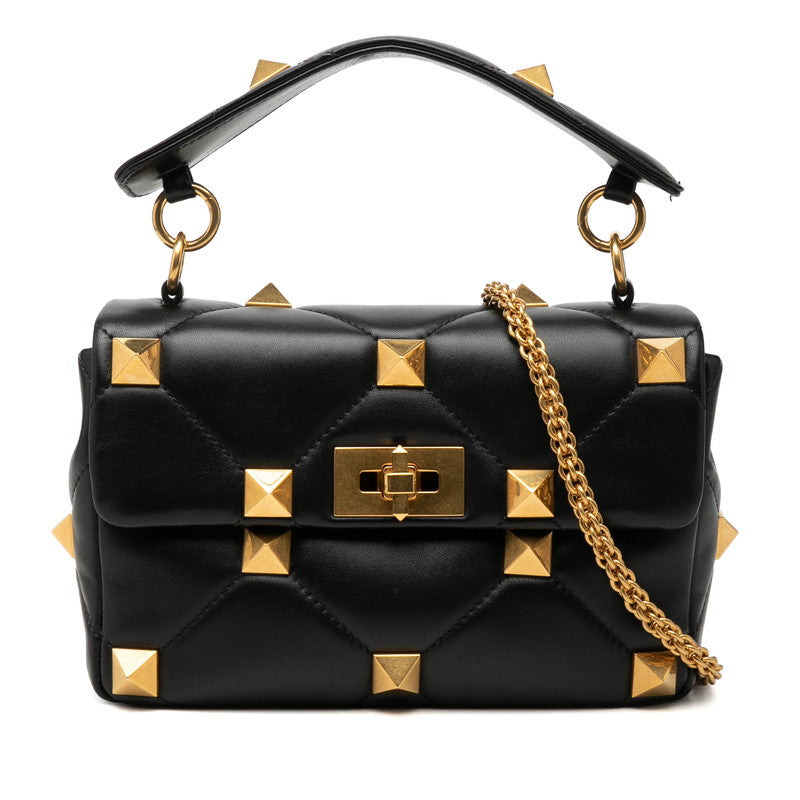 ヴァレンティノ ローマンスタッズ チェーン ハンドバッグ ショルダーバッグ ブラック レザー レディース VALENTINO 【中古】