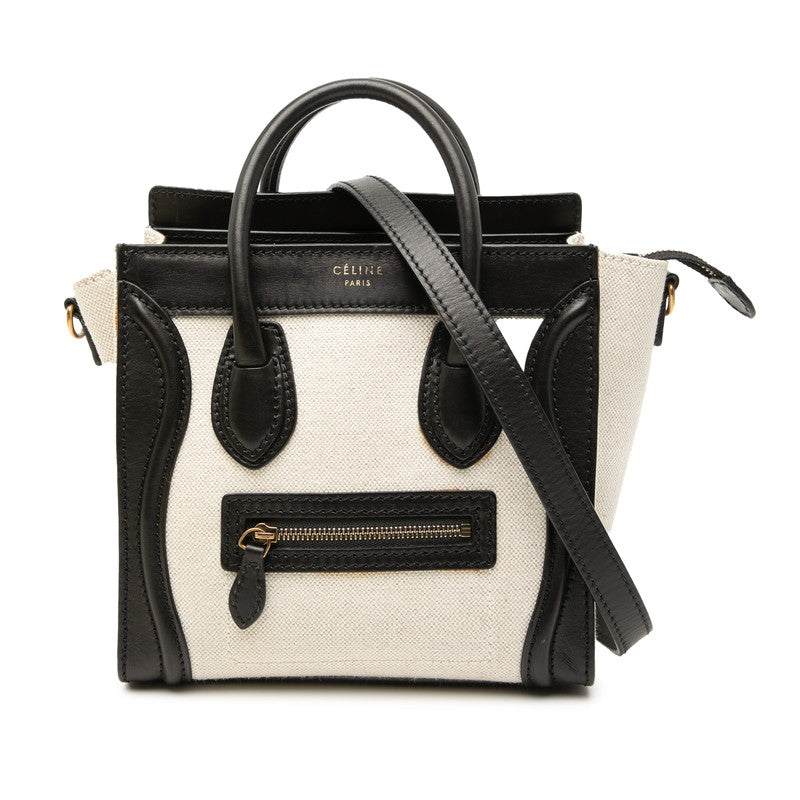 セリーヌ ラゲージ ナノショッパー ハンドバッグ ショルダーバッグ 2WAY ベージュ ブラック キャンバス レザー レディース CELINE 【中古】