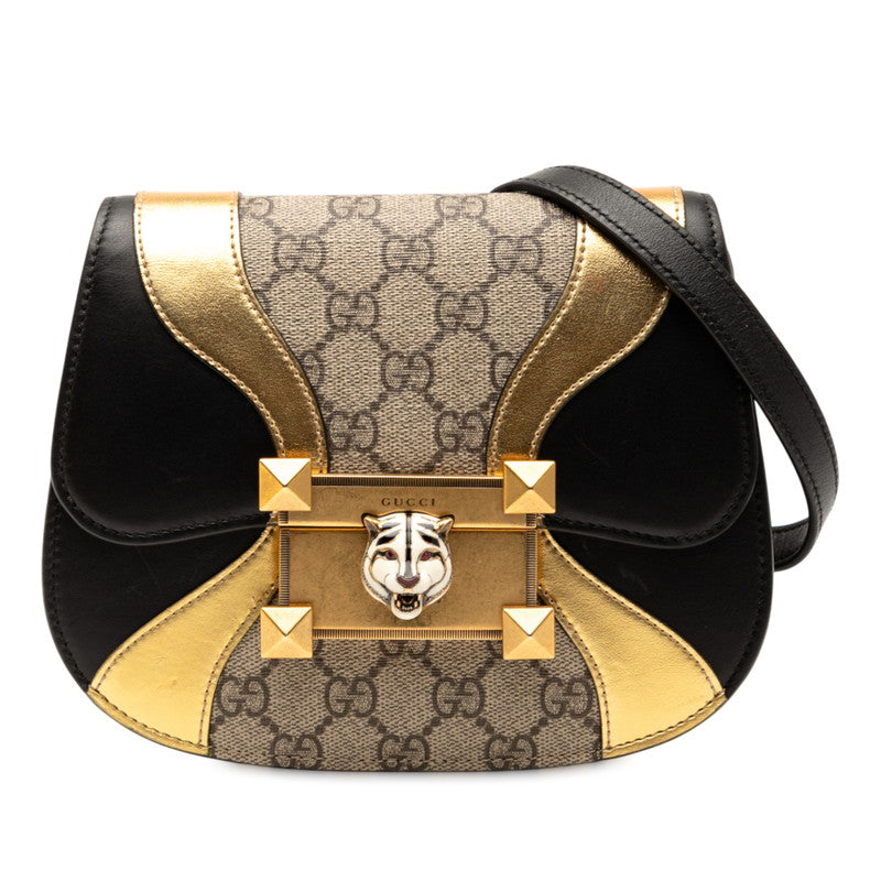 グッチ GGスプリーム オジリデ タイガーヘッド ショルダーバッグ 500781 ブラック ゴールド PVC レザー レディース GUCCI 【中古】