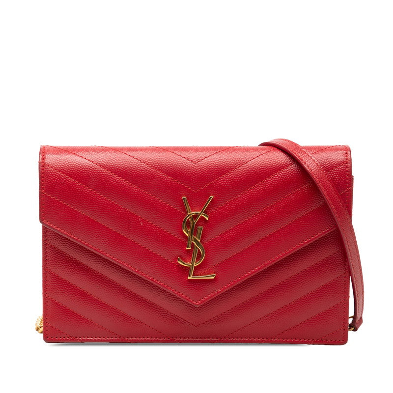 サンローラン YSLロゴ モノグラム エンベローブ チェーンウォレット ショルダーバッグ 393953 レッド ゴールド レザー レディース SAINT LAURENT 【中古】