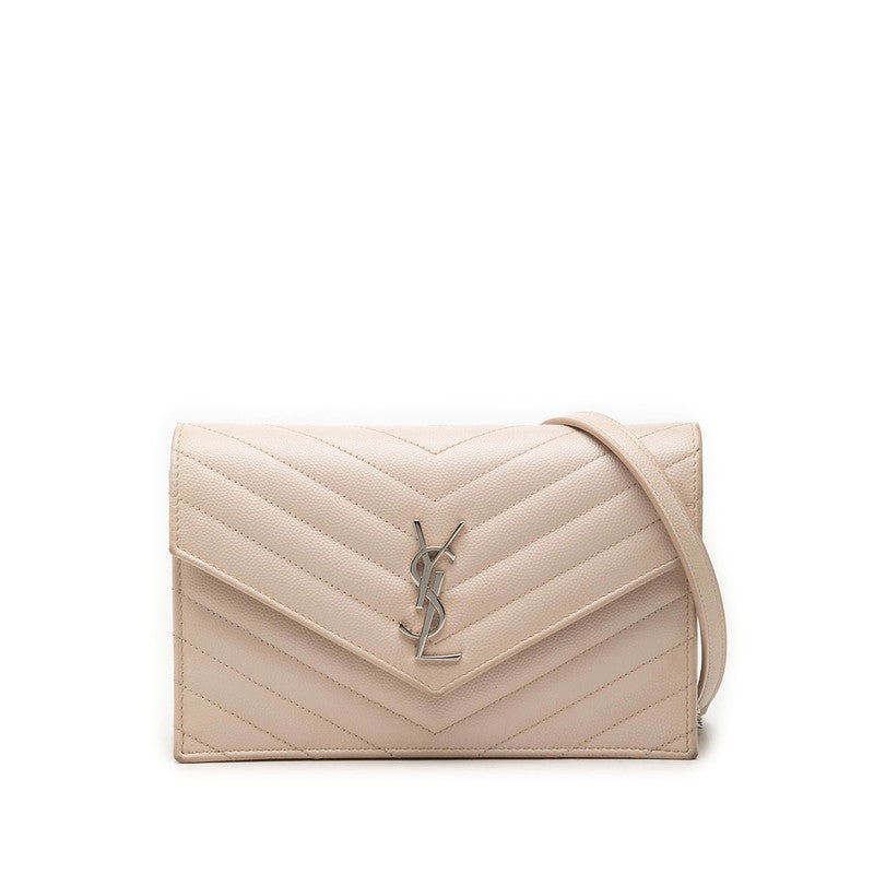 サンローラン カサンドラ YSLロゴ 斜め掛け チェーンウォレット ショルダーバッグ 393953 ベージュ レザー レディース SAINT LAURENT 【中古】