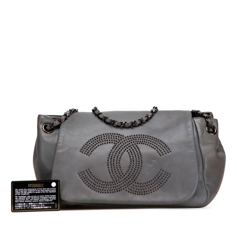 シャネル ココマーク スタッズ チェーン ショルダーバッグ グレー ラムスキン レディース CHANEL 【中古】