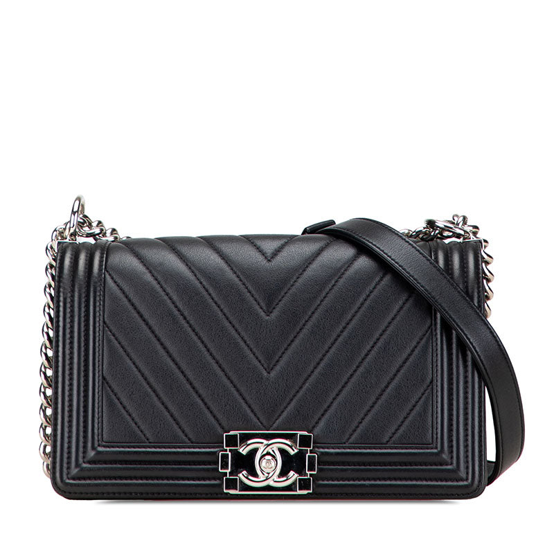 シャネル ボーイシャネル25 ココマーク Vステッチ シェブロン 斜め掛け チェーン ショルダーバッグ ブラック ラムスキン レディース CHANEL 【中古】