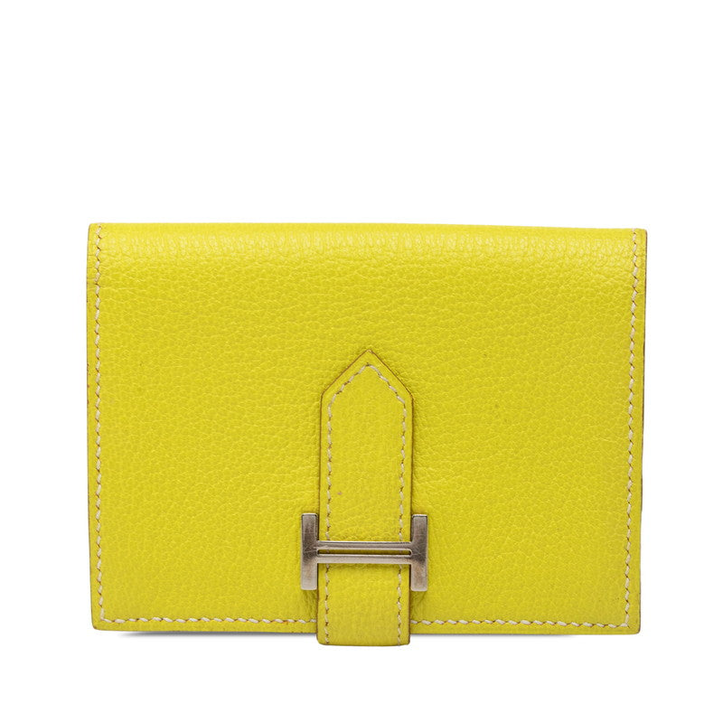 エルメス ベアン 二つ折り カードケース □O刻印 2011 イエロー シルバー金具 シェーブル レディース HERMES 【中古】