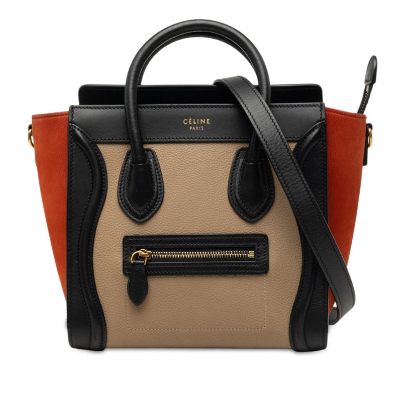 セリーヌ ラゲージ ナノ トリコロール ハンドバッグ ショルダーバッグ 2WAY ベージュ ブラック レッド系 レザー レディース CELINE 中古