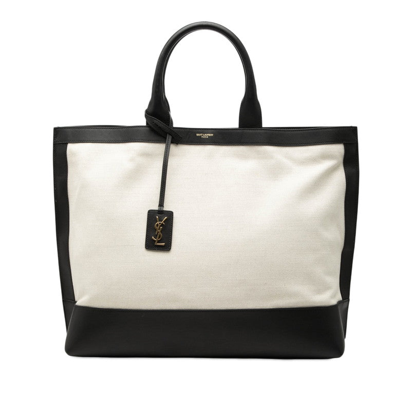 サンローラン ロゴ サック ショッピング トートバッグ 619757 ナチュラル ブラック キャンバス レザー レディース SAINT LAURENT 【中古】