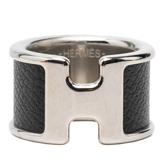 エルメス オランプGM リング 指輪 サイズ:XS シルバー ブラック メタル レザー レディース HERMES 中古