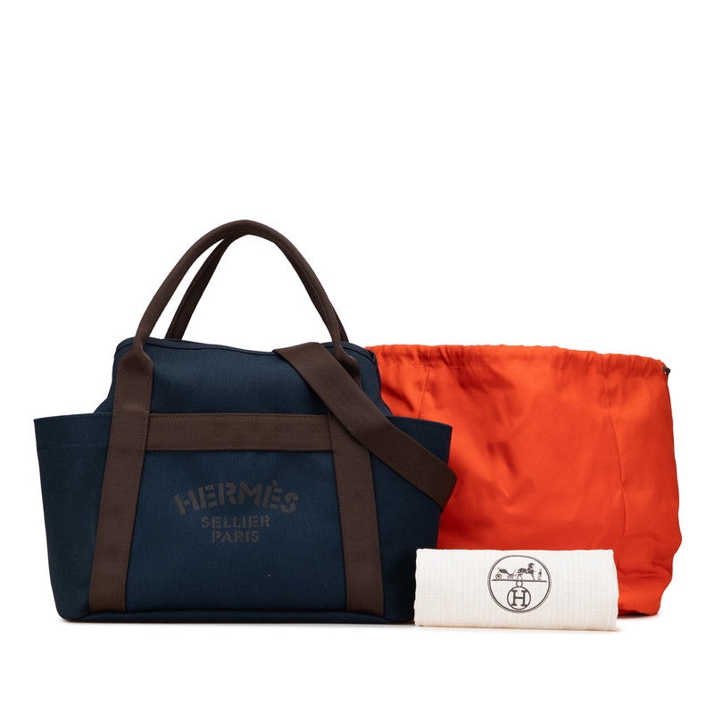 エルメス サックドパンサージュ グルーム ハンドバッグ ショルダーバッグ 2WAY ネイビー ブラウン キャンバス レディース HERMES 【中古】