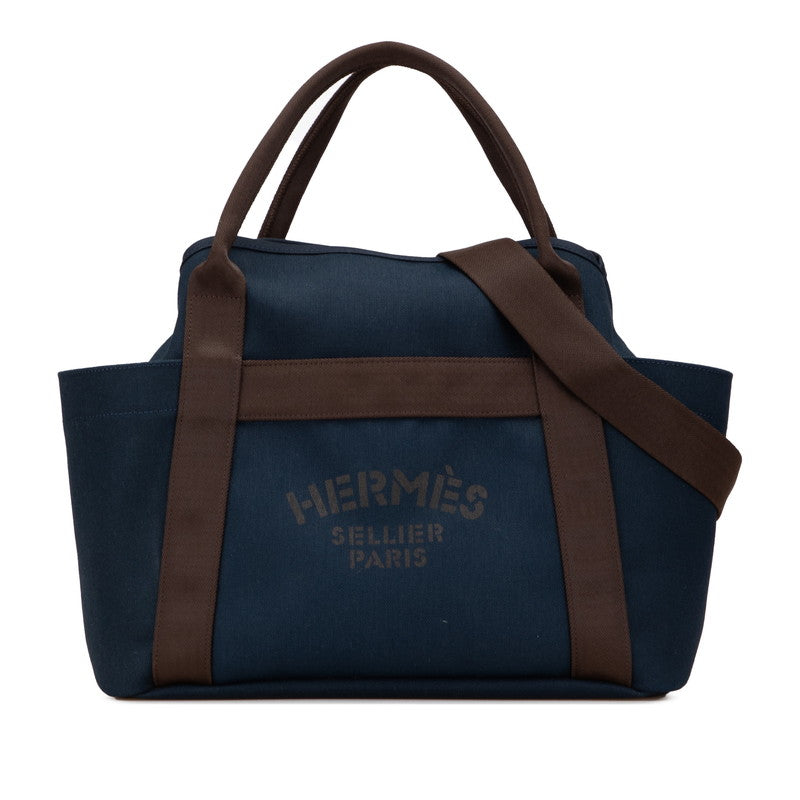 エルメス サックドパンサージュ グルーム ハンドバッグ ショルダーバッグ 2WAY ネイビー ブラウン キャンバス レディース HERMES 【中古】