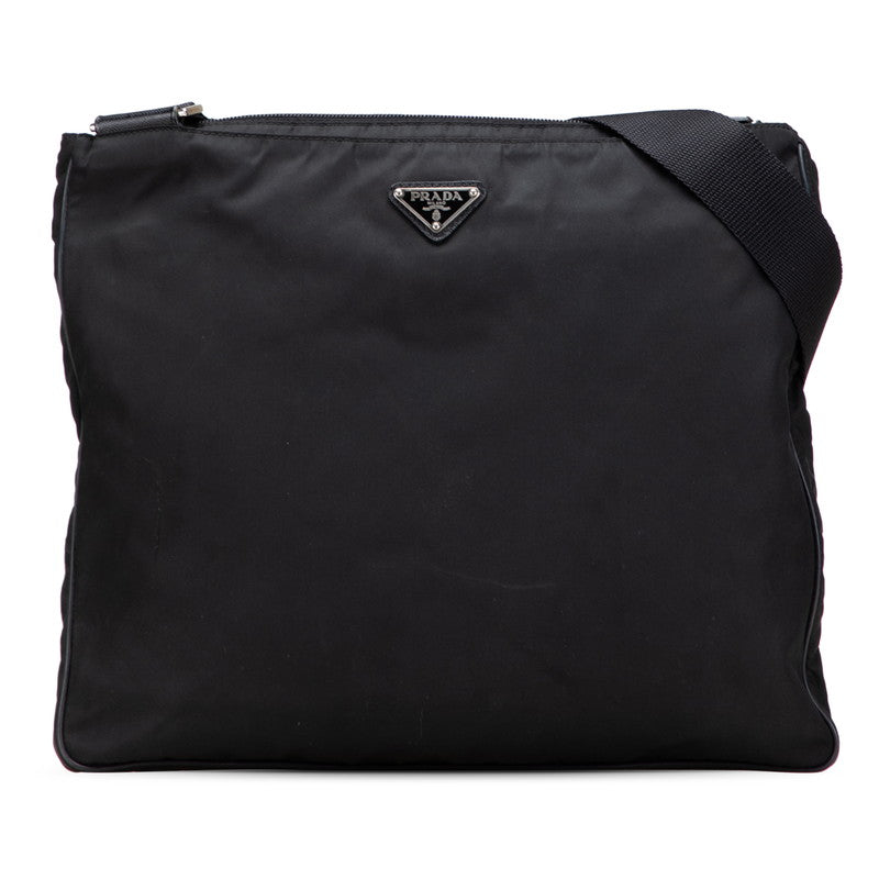 プラダ サフィアーノ 三角ロゴプレート 斜め掛け ショルダーバッグ ブラック ナイロン レザー レディース PRADA 【中古】