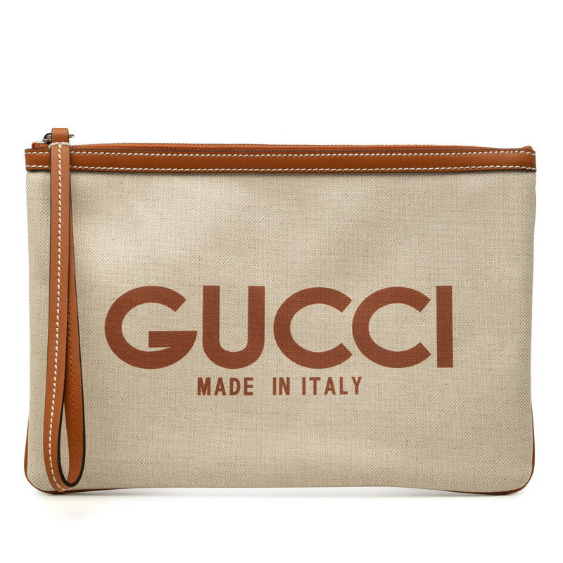 グッチ GGスプリーム ロゴプリント クラッチバッグ ポーチ 777165 ベージュ ブラウン キャンバス PVC レザー レディース GUCCI 中古