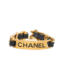 シャネル ロゴプレート ヴィンテージ ブレスレット 95P ゴールド ブラック メッキ レザー レディース CHANEL 中古