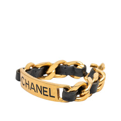 シャネル ロゴプレート ヴィンテージ ブレスレット 95P ゴールド ブラック メッキ レザー レディース CHANEL 中古