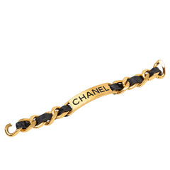 シャネル ロゴプレート ヴィンテージ ブレスレット 95P ゴールド ブラック メッキ レザー レディース CHANEL 中古