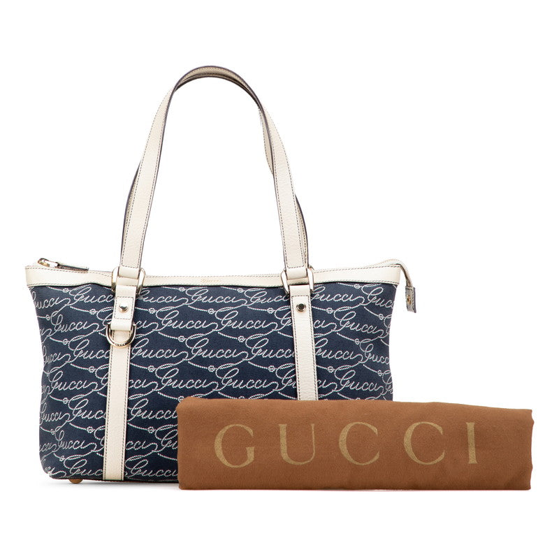グッチ アビー ロゴ トートバッグ 141470 ネイビー ベージュ キャンバス レザー レディース GUCCI 【中古】