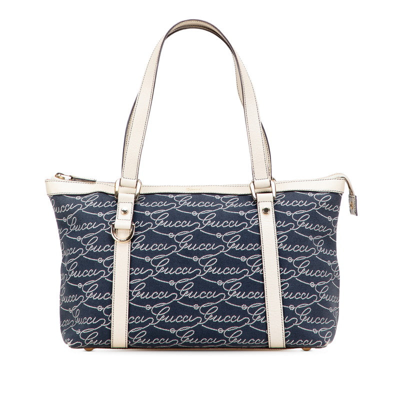 グッチ アビー ロゴ トートバッグ 141470 ネイビー ベージュ キャンバス レザー レディース GUCCI 【中古】