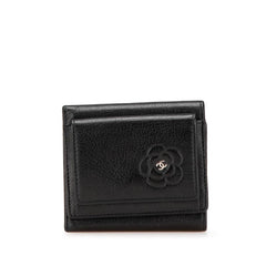 シャネル カメリア ココマーク 三つ折り財布 コンパクトウォレット ブラック ラムスキン レディース CHANEL 【中古】