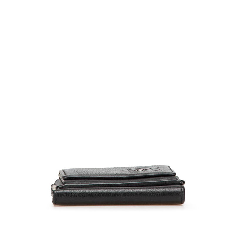 シャネル カメリア ココマーク 三つ折り財布 コンパクトウォレット ブラック ラムスキン レディース CHANEL 【中古】