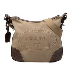 プラダ ロゴ 斜め掛け ショルダーバッグ ブラウン キャンバス レザー レディース PRADA 中古
