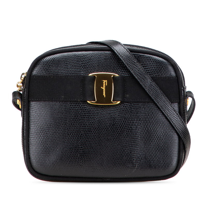 サルヴァトーレフェラガモ ヴァラ リザード型押し ショルダーバッグ ブラック レザー レディース Salvatore Ferragamo 【中古】