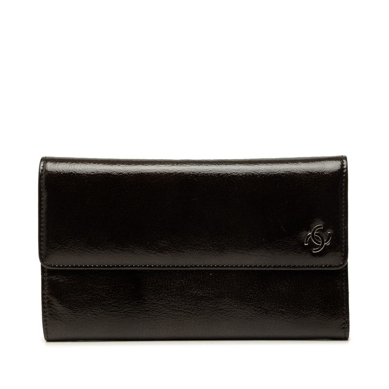 シャネル ココマーク 三つ折り財布 ブラック パテントレザー レディース CHANEL 中古