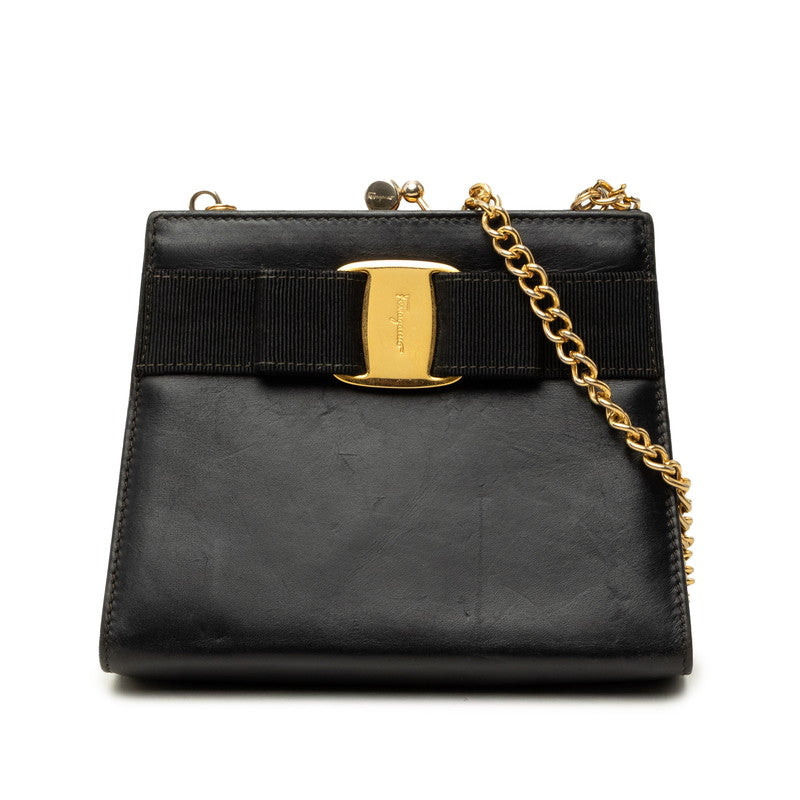 サルヴァトーレフェラガモ ヴァラ リボン ミニ チェーン ショルダーバッグ 斜めかけ ブラック レザー レディース Salvatore Ferragamo 中古