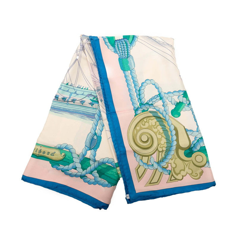 エルメス カレ90 Tribord 帆船 スカーフ ベージュ ブルー マルチカラー シルク レディース HERMES 【中古】