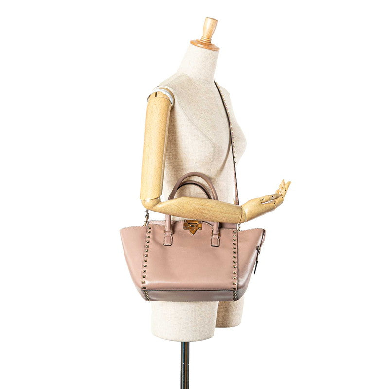 ヴァレンチノ ロックスタッズ ハンドバッグ ショルダーバッグ 2WAY グレージュ レザー レディース Valentino 【中古】