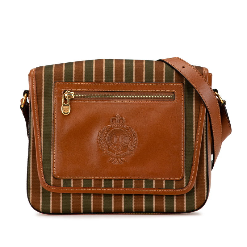 セリーヌ トリオンフ ストライプ ショルダーバッグ ブラウン グリーン キャンバス レザー レディース CELINE 【中古】