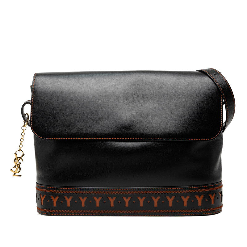 サンローラン ヴィンテージ Yカット 斜めかけ ショルダーバッグ ブラック ブラウン系 レザー レディース SAINT LAURENT 中古