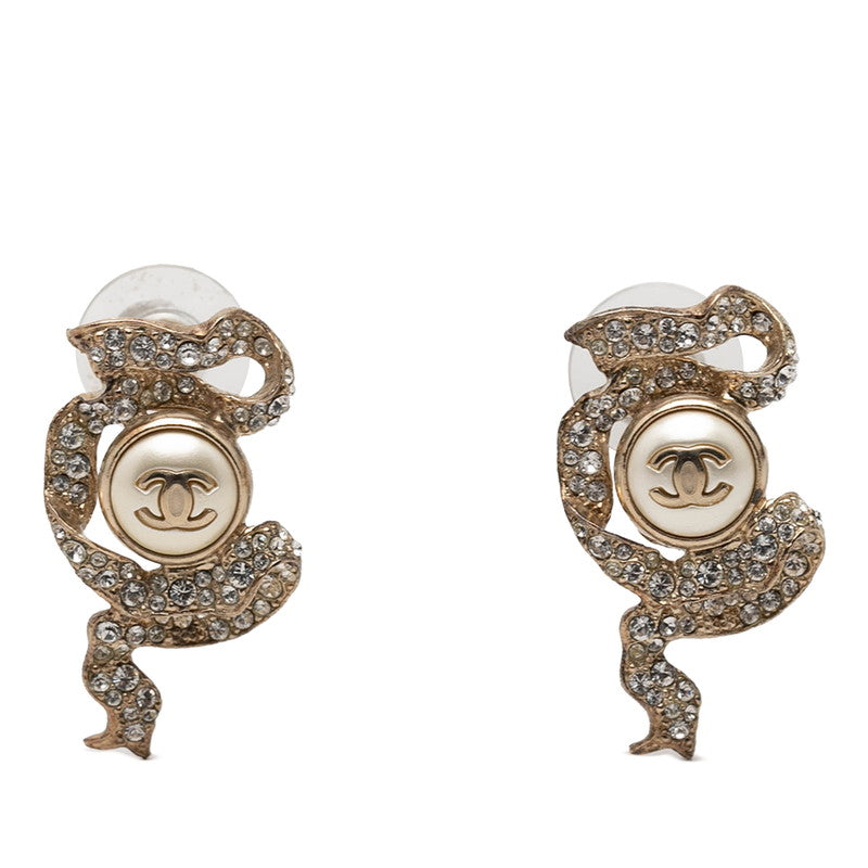 シャネル ココマーク パール リボン モチーフ ピアス 18C ゴールド メッキ ラインストーン レディース CHANEL 【中古】