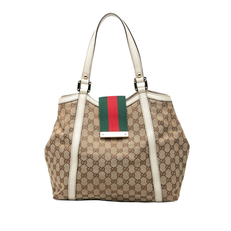 グッチ GGキャンバス シェリーライン ハンドバッグ トートバッグ 233607 ベージュ ホワイト キャンバス レザー レディース GUCCI 【中古】