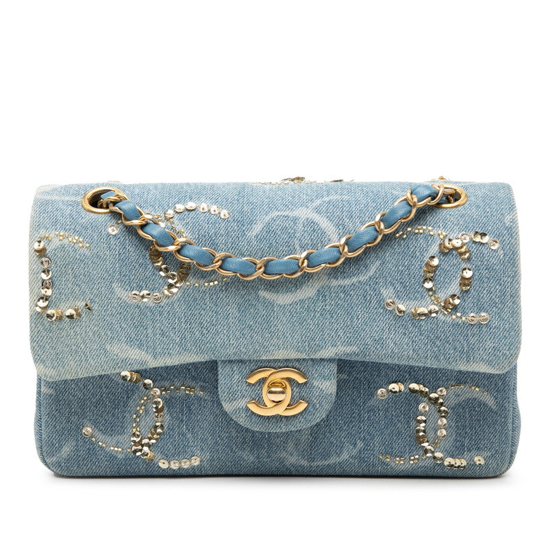 シャネル マトラッセ ココマーク ショルダーバッグ ブルー ゴールド デニム スパンコール レディース CHANEL 【中古】