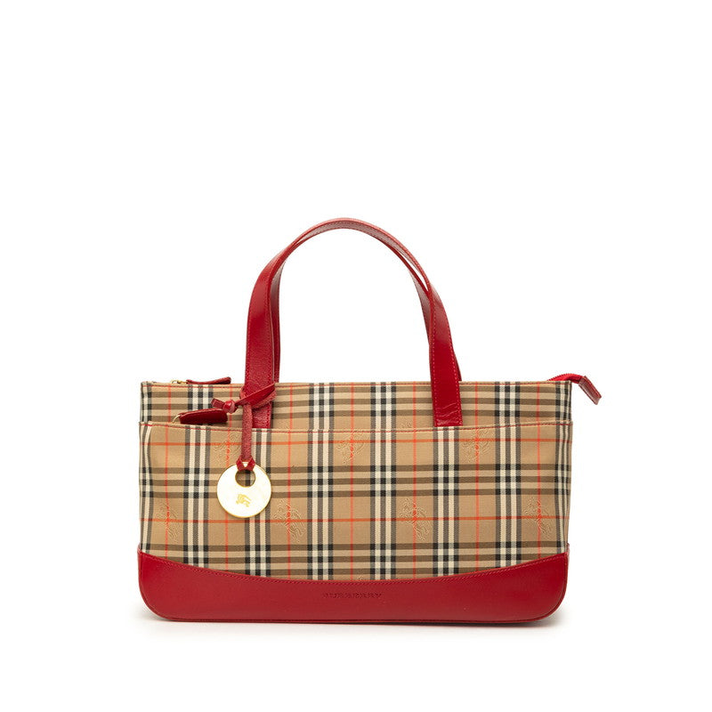 バーバリー ノバチェック ハンドバッグ ベージュ レッド キャンバス レザー レディース BURBERRY 中古