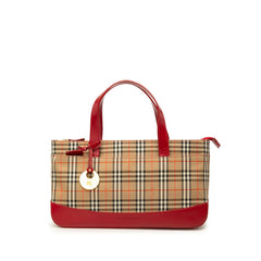 バーバリー ノバチェック ハンドバッグ ベージュ レッド キャンバス レザー レディース BURBERRY 中古
