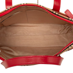 バーバリー ノバチェック ハンドバッグ ベージュ レッド キャンバス レザー レディース BURBERRY 中古