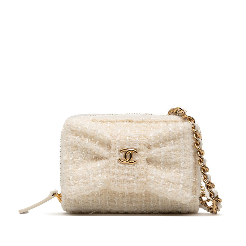 シャネル ココマーク リボン ミニ チェーンウォレット コインケース ホワイト ツイード レザー レディース CHANEL 【中古】