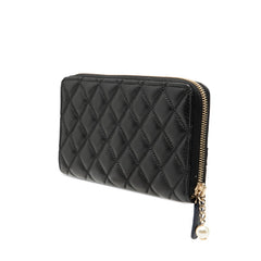 シャネル ココマーク マトラッセ ラウンドファスナー 長財布 ブラック ネイビー レザー フェイクパール レディース CHANEL 【中古】