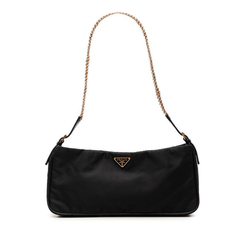 プラダ 三角ロゴプレート チェーン ショルダーバッグ ブラック ゴールド ナイロン レザー レディース PRADA 【中古】