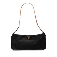 プラダ 三角ロゴプレート チェーン ショルダーバッグ ブラック ゴールド ナイロン レザー レディース PRADA 【中古】