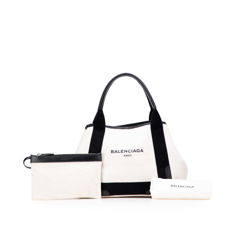 バレンシアガ ネイビー カバスS トートバッグ ハンドバッグ 339933 アイボリー ブラック キャンバス レザー レディース BALENCIAGA 【中古】