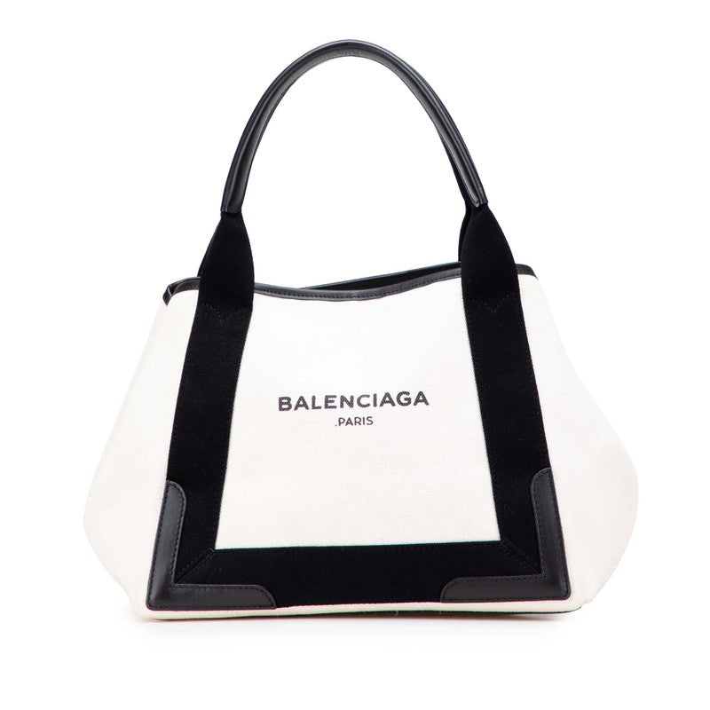 バレンシアガ ネイビー カバスS トートバッグ ハンドバッグ 339933 アイボリー ブラック キャンバス レザー レディース BALENCIAGA 【中古】
